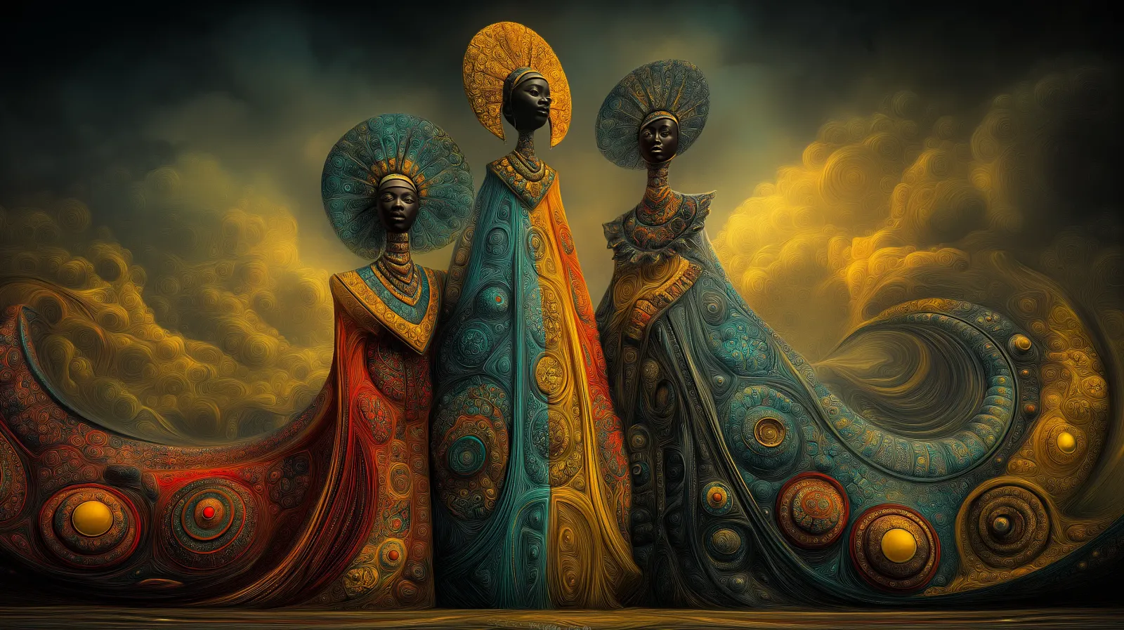 Three regal Black women in halo headdresses and swirling patterned robes standing above two circular sun discs under a golden stormy sky.