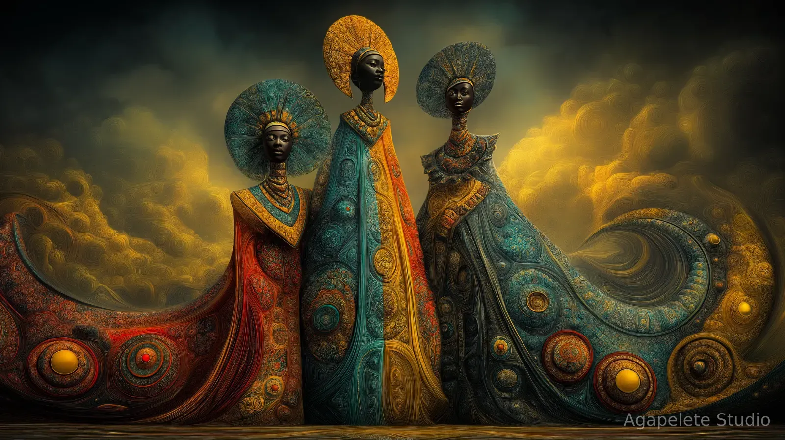 Three regal Black women in halo headdresses and swirling patterned robes standing above two circular sun discs under a golden stormy sky.