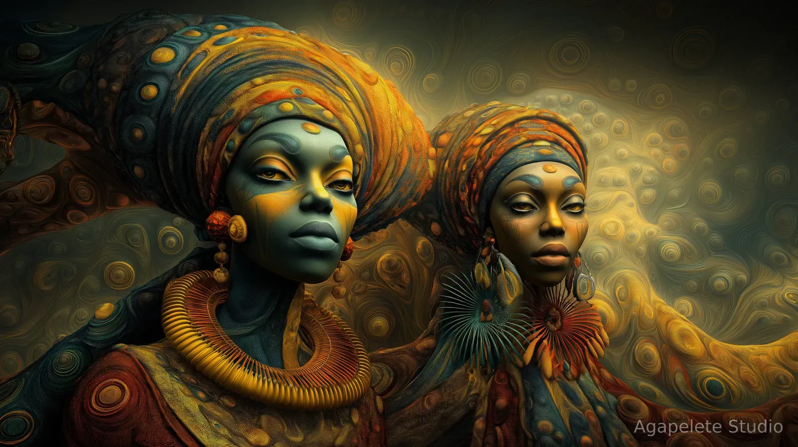 Close-up of two regal Black women in elaborate gold and teal turbans with a large coiled gold necklace against a swirling patterned background.