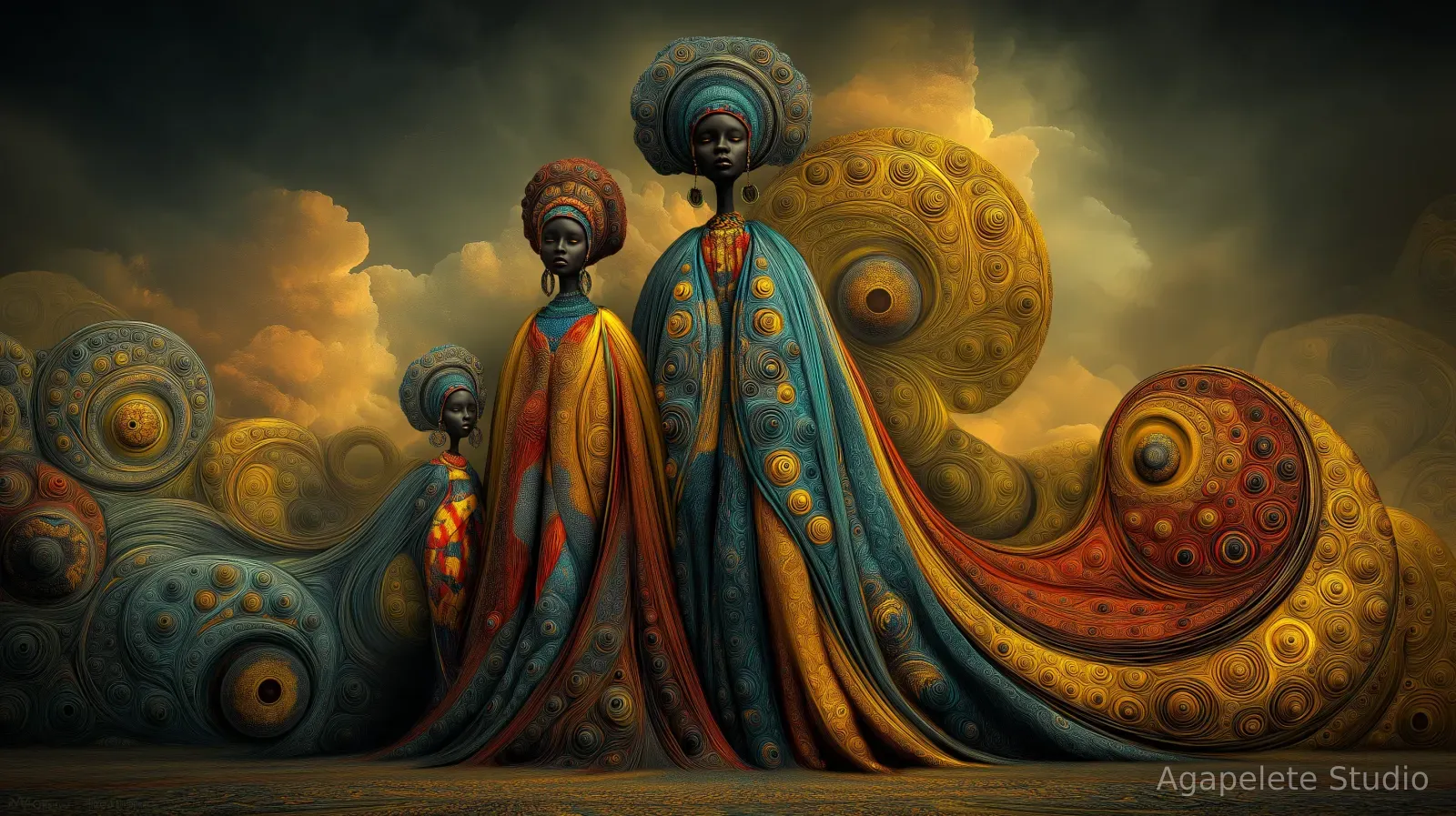 Two regal Black women with large circular disc halos, one blue and one orange, and gold collars, among small spheres under a golden sky.