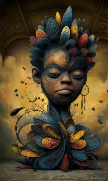 Afro-Surrealist portrait of a Black woman crowned in a plumed headdress of curling color, her body unfurling into a layered bloom of blue, gold, and crimson within a vaulted hall under an amber sky.