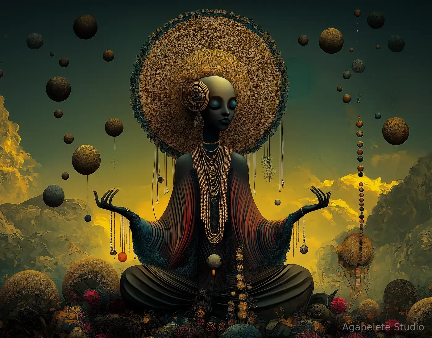 Afro-Surrealist figure seated in meditation beneath a large golden halo-like disc, surrounded by floating spherical forms in a glowing celestial landscape.