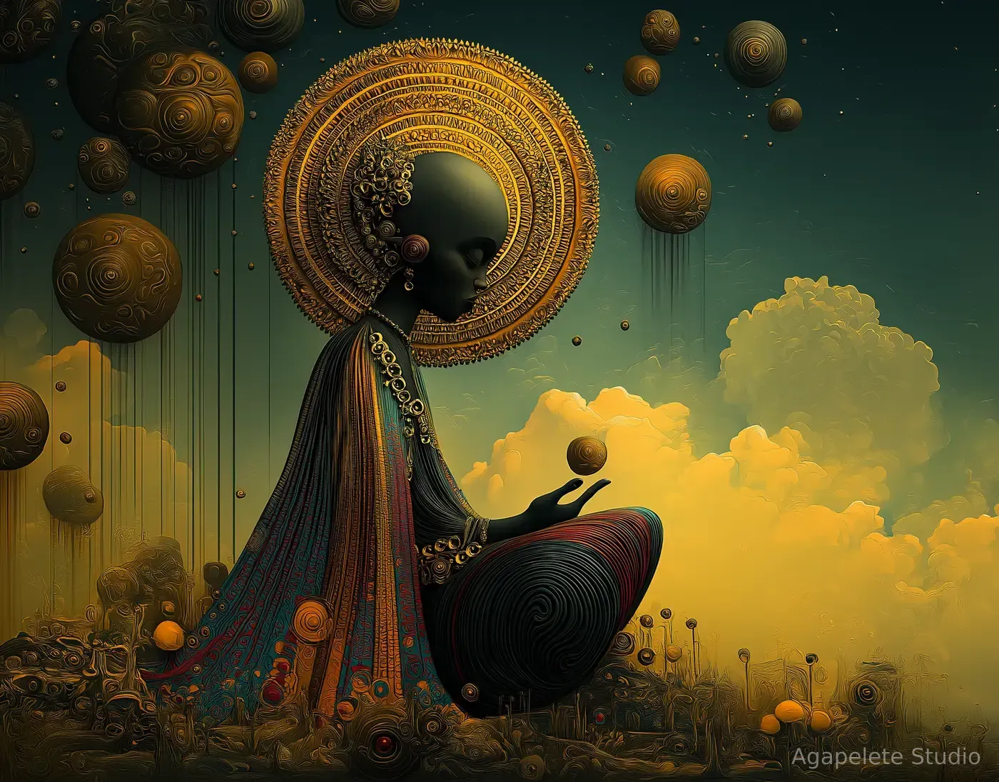 Afro-Surrealist figure seated in profile beneath a large ornate golden halo, surrounded by floating spherical forms against glowing clouds.