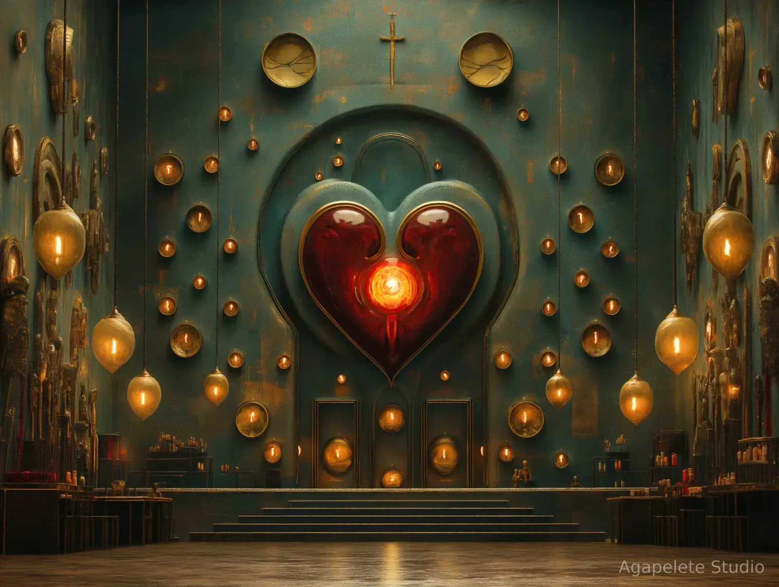 Monumental teal and amber interior centered on a glowing red heart shrine surrounded by suspended lights and symmetrical architectural details.