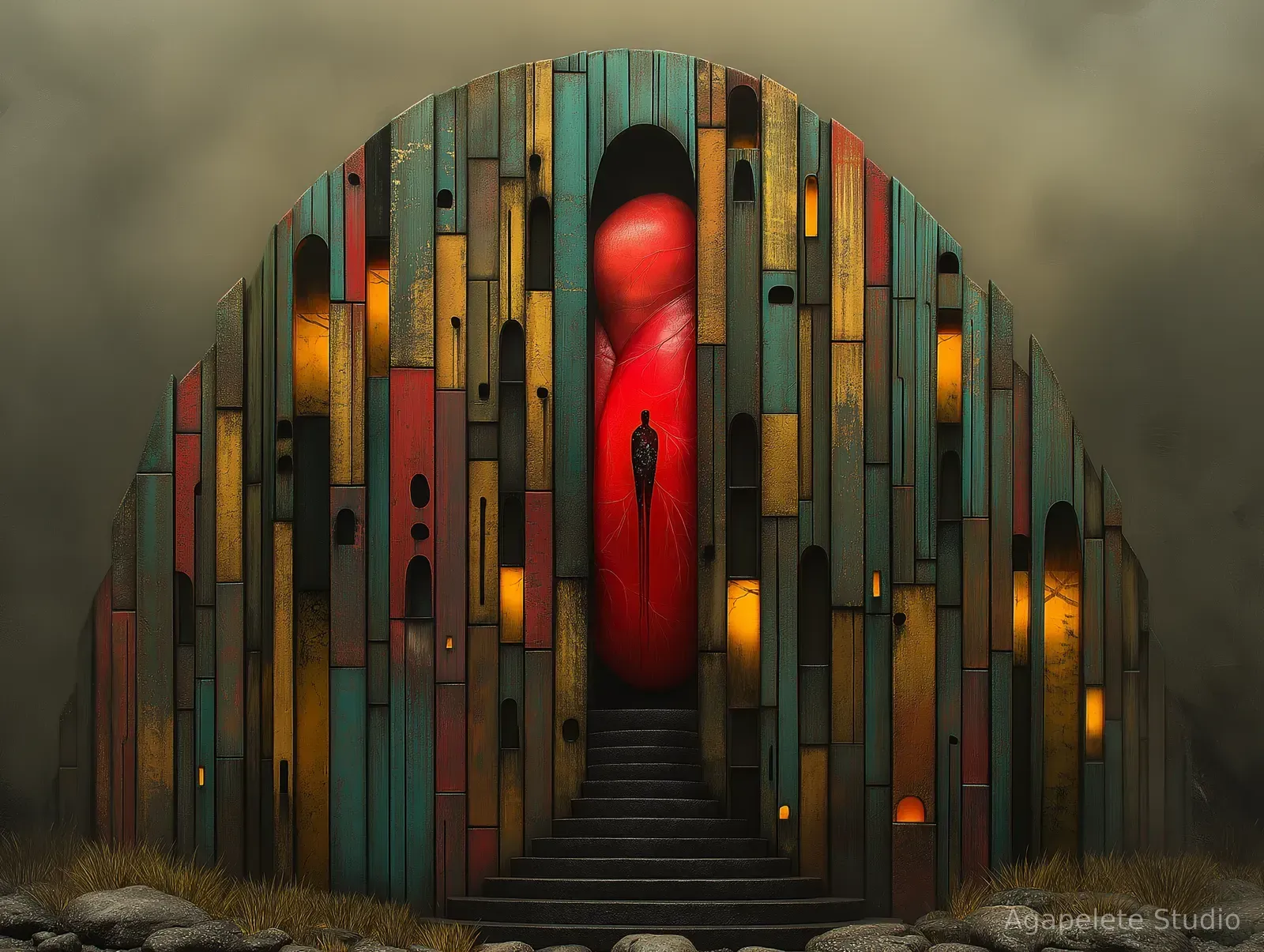 Monumental teal and ochre architectural structure with a tall red inner form and a solitary figure standing in the central threshold.