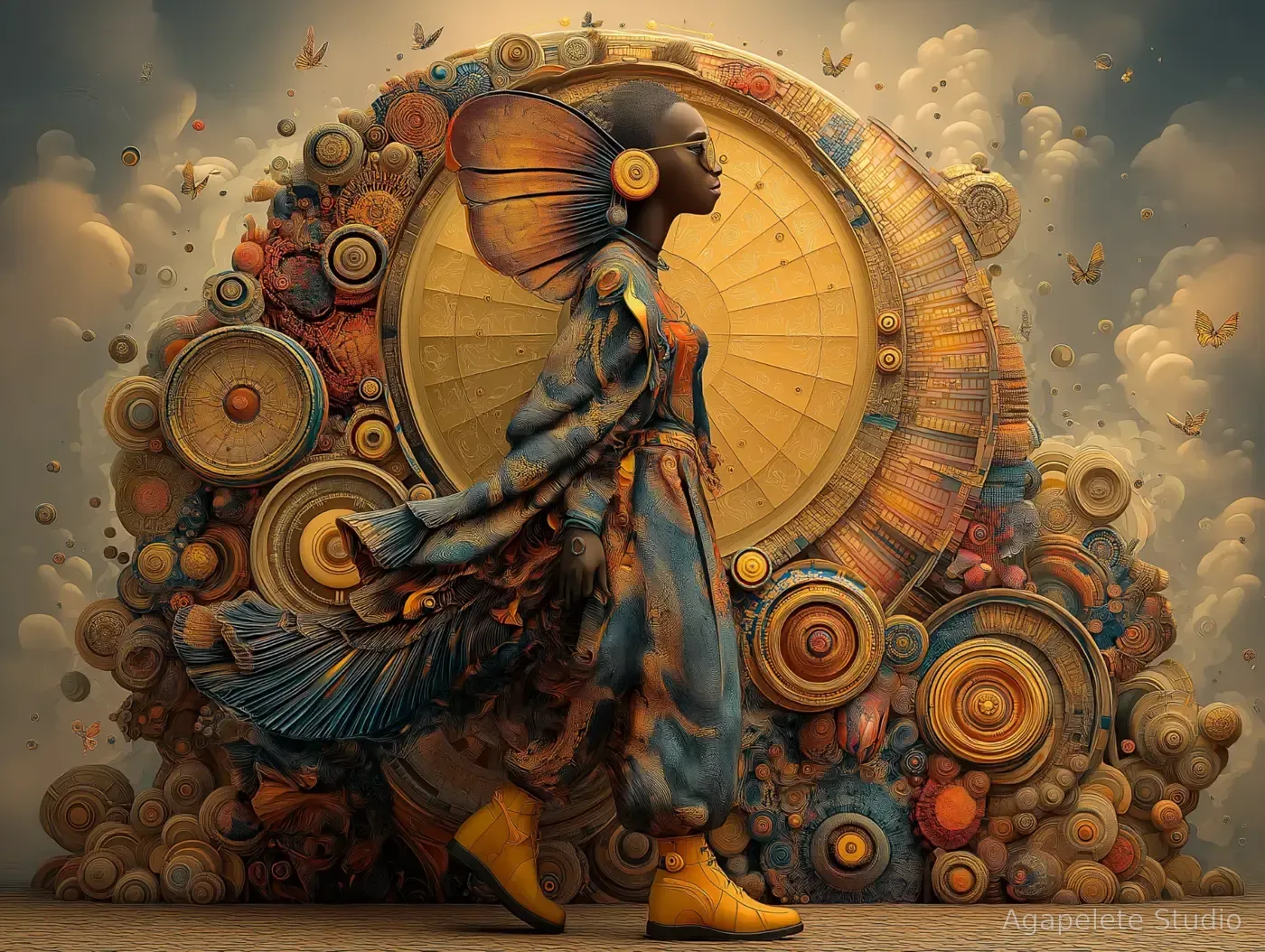 Afro-Surrealist figure in profile walking before a large circular ornamental structure with layered discs, warm metallic tones, and floating butterflies.