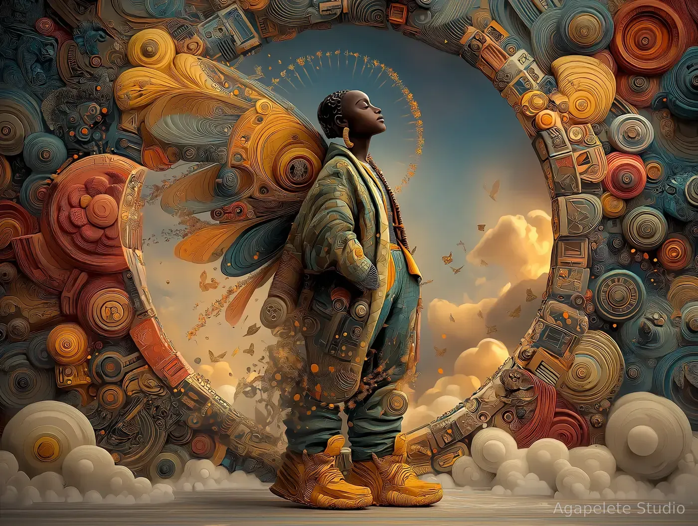 Afro-Surrealist figure standing inside a large circular ornamental portal with layered discs, clouds, and warm amber-blue tones.