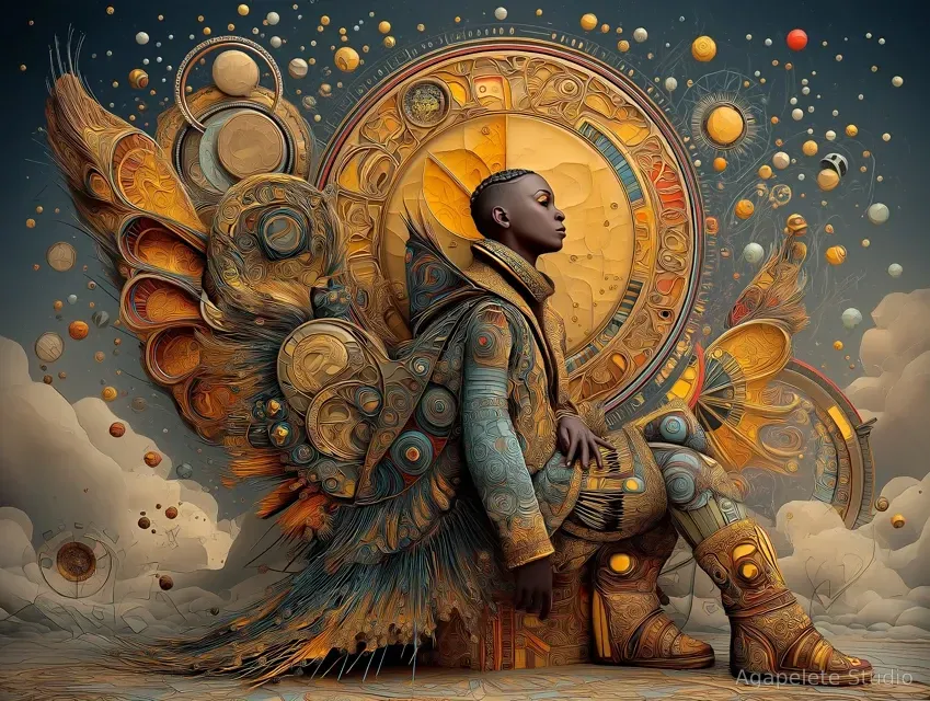 Afro-Surrealist figure seated in profile before a large circular celestial mechanism with wing-like forms, floating planets, and warm gold-blue tones.