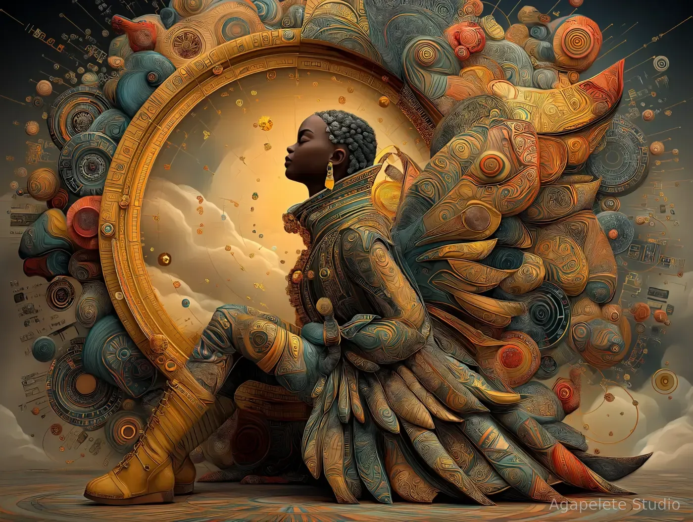 Afro-Surrealist figure seated in profile before a large glowing golden disc, surrounded by intricate ornamental forms in amber, teal, and copper tones.