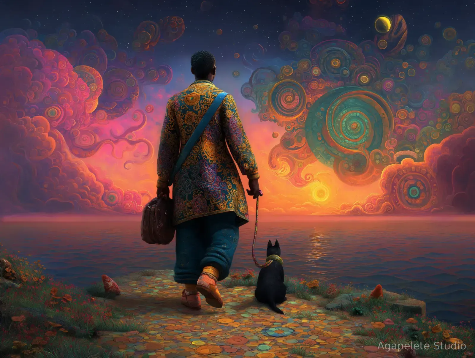 Afro-Surrealist figure walking toward a glowing horizon beside the sea with a black cat, under a vivid swirling sky of colorful cloud forms.