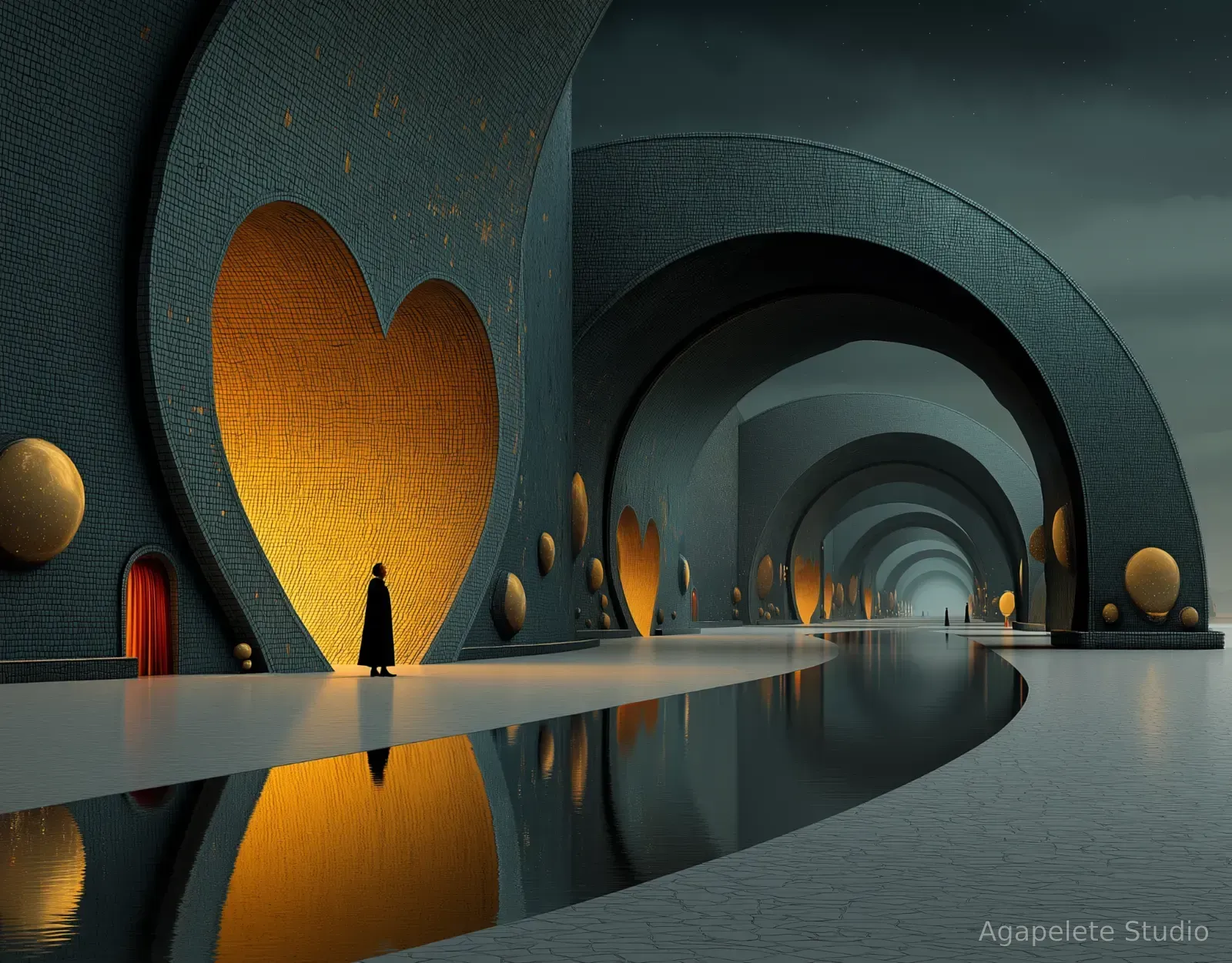Monumental dark architectural corridor with glowing heart-shaped openings, sweeping arches, reflective water, and a solitary figure near the illuminated wall.