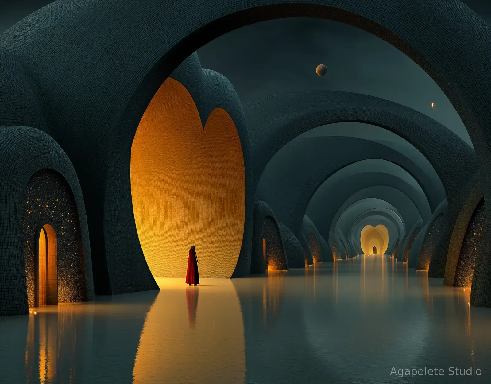 Monumental dark corridor with repeating arches and glowing heart-shaped chambers, featuring a solitary red-clad figure reflected on the polished floor.