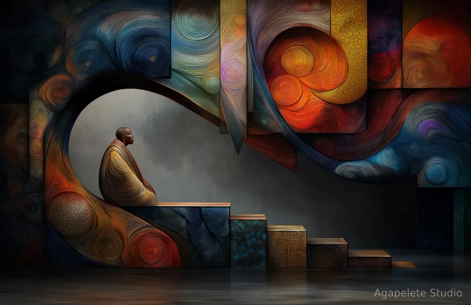 Afro-Surrealist figure seated in profile within a dark abstract interior of swirling blue, red, gold, and amber forms above stepped platforms.