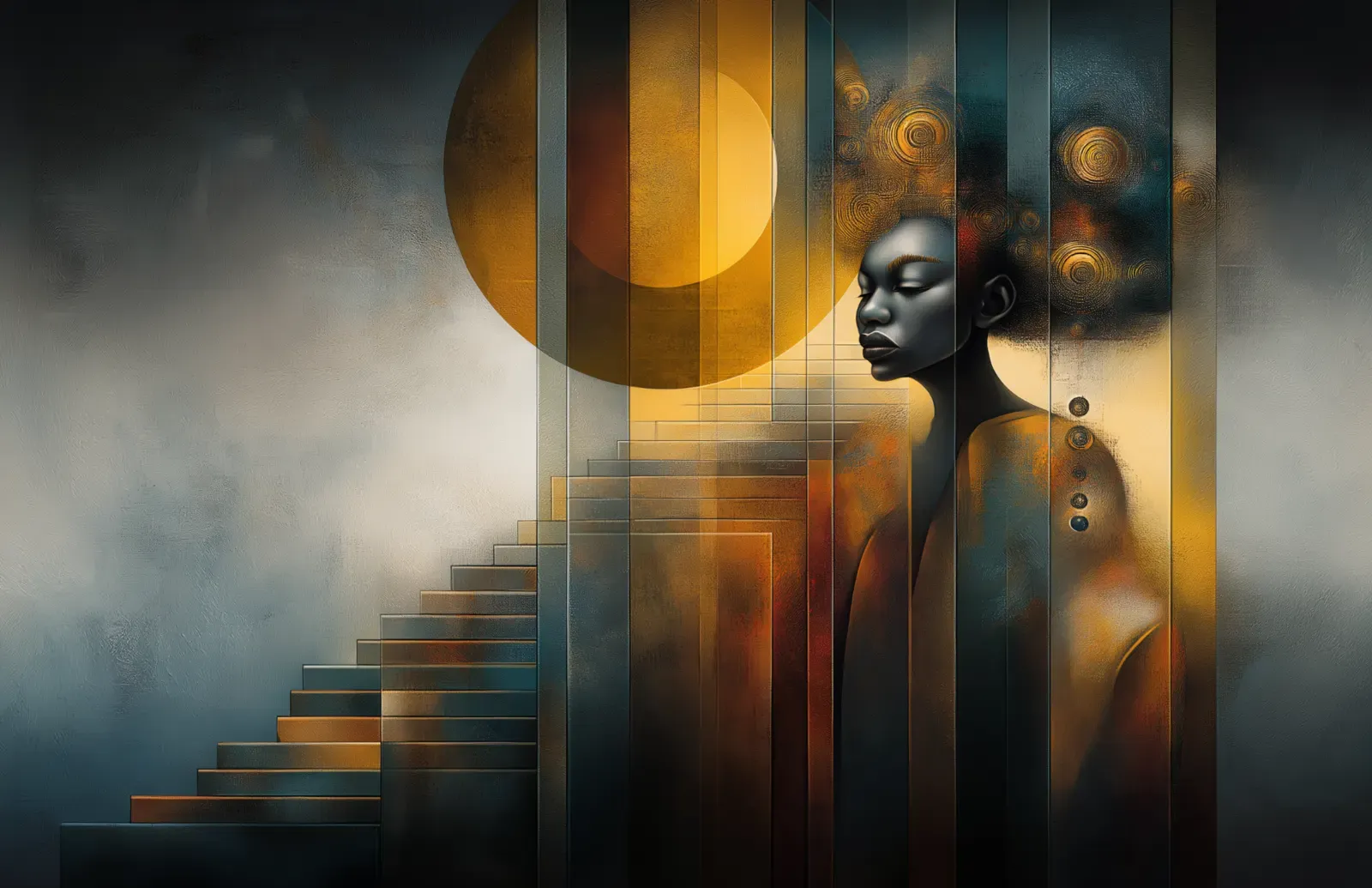 Afrofuturist figure in profile behind translucent vertical bands beside an ascending stair and a glowing golden disc.