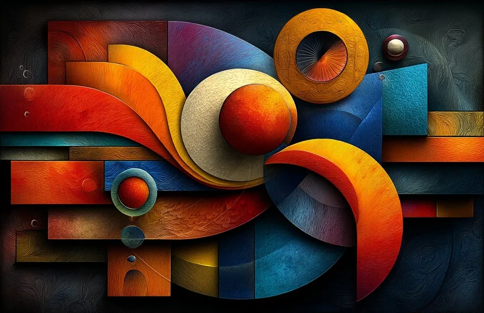 Abstract geometric composition with interlocking red, orange, gold, blue, and teal circular and rectangular forms on a dark background.