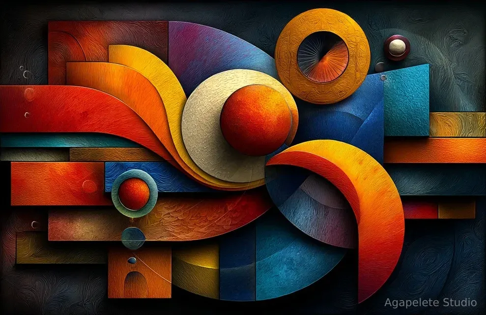 Abstract geometric composition with interlocking red, orange, gold, blue, and teal circular and rectangular forms on a dark background.